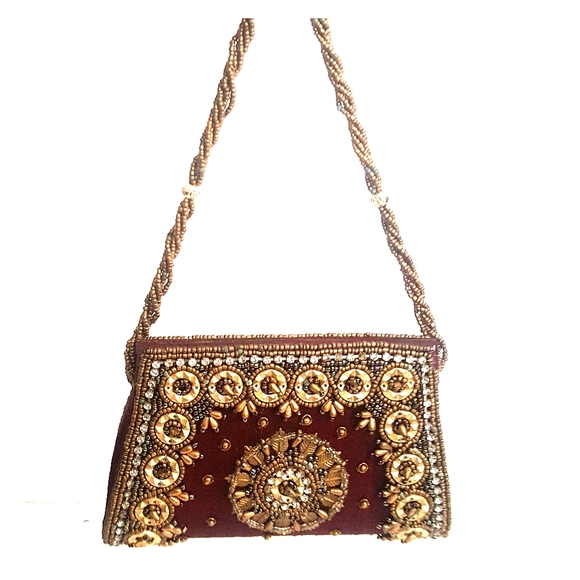 Vintage Handbags - Vintage pure silk beaded mini bag Indian wood bead